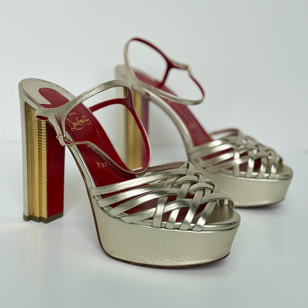 Christian Louboutin Coluna Girl 130 Gold Platform Block Heel Sandal